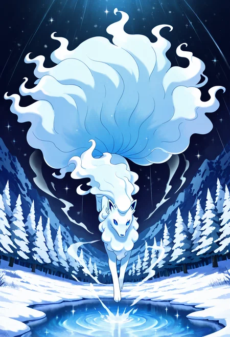 masterpiece, best quality, zzNinetalesA, snow-covered forest, frozen lake, flurries in air, leaping midair, surrounded by sparkle trails. In a hidden grove cloaked in frost, zzNinetalesA bounds weightlessly above a frozen lake. Snow kicks up around it in glittering spirals, each leap leaving behind a trail of glistening arcs. The trees sway gently, bowing to its presence. <lora:NinetalesAlolanPokedex_IXL_v1:1.0>,