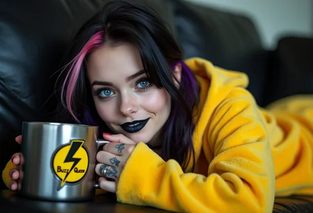 A high-definition photo of a beautiful 20yo goth girl, wearing Pikachu onesie, holding coffee mug. She is laying on a black leather couch, in a seductive relaxed pose, barefoot, smiling. The girl has black hair with pink and purple highlights, framing her beautiful face. Her stunning blue eyes are accentuated by her black eyeshadow. Her lipstick is black and metallic purple. She has visible, vivid, intricate tattoos. The large steel mug bares a yellow lightning bolt logo with 'Buzz Queen' in large letters. 8k detail, full body