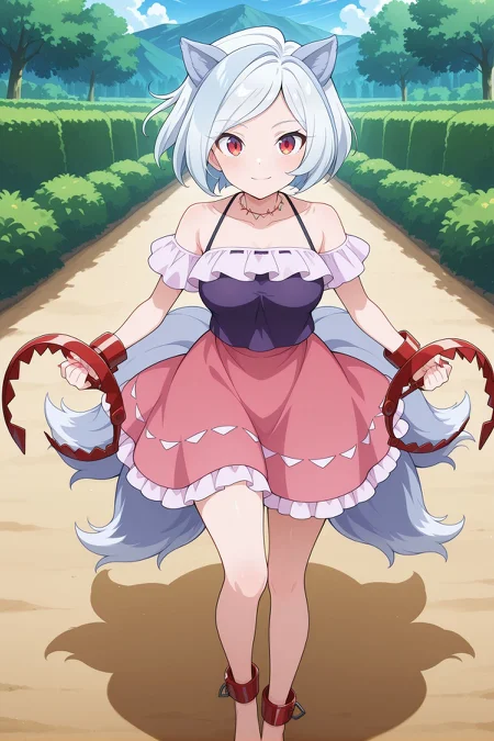 absurdres, highres, masterpiece, best quality, amazing quality, official anime artwork, screencap, anime screencap, outdoors, looking at viewer, light smile, dynamic pose, standing,
 <lora:Enoko-Mitsugashira_Illustrious:1> mitsugashira enoko, 1girl, solo, red eyes, white hair, short hair, dog ears, cerberus, multiple tails, long fingernails, medium breasts,, bare shoulders, purple shirt, frills, pink skirt, bear trap, ankle cuffs, barefoot,