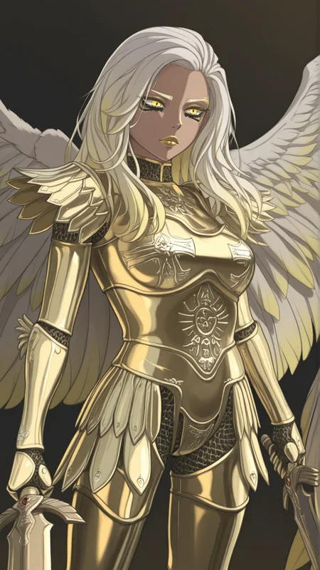 (masterpiece, best quality, newest, absurdres, highres),(anime coloring:2.4), 
1girl, A beautiful woman, vasiy, uriel, angel, pointy ears, two tone hair, white hair, yellow hair, yellow eyes, yellow lipstick, tattoo, wings, long hair, gold armor, gold chainmail, war makeup, holding sword, serious expression,
emitting glowing energy, intense gaze, rusted, ornate, etching, (the underworld), dynamic angle
 <lora:Vasiy-Uriel_V2:1>