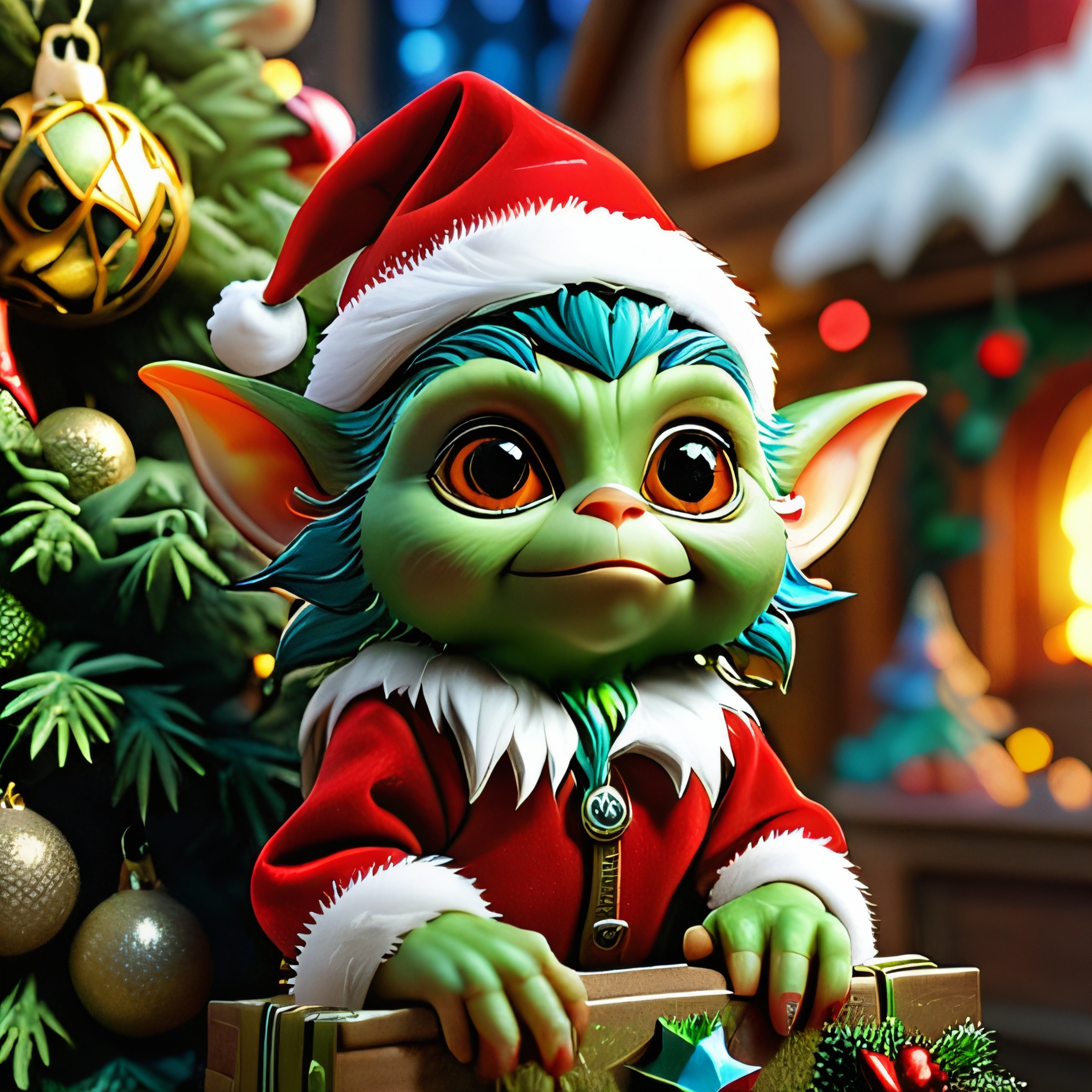 masterpiece, intricate photo, christmas gremlin, background kids elven toy factory at the north pole, christmas tree, festively decorated, christmas gifts, photo realistic, hyper realistic, highly detailed, sharp focus, best quality, high resolution, colorful, vibrant colors, studio lighting, 8K