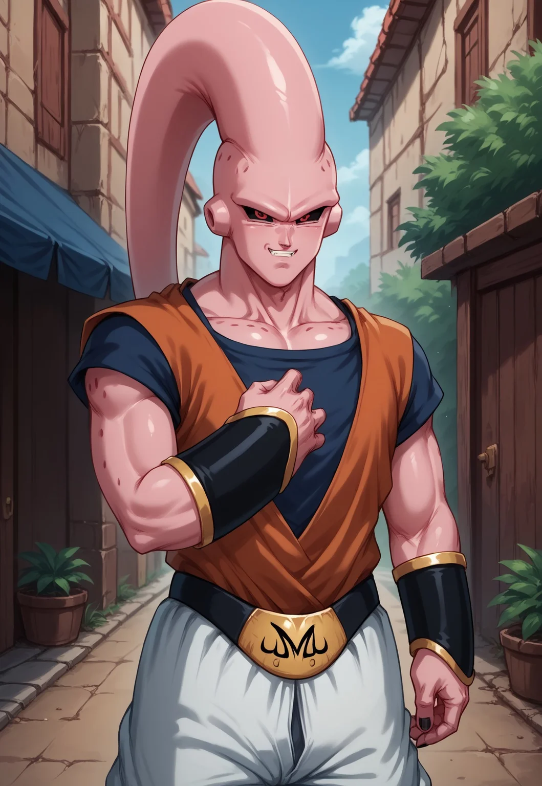 score_9, score_8_up, score_7_up, source_anime, buuhandb, 1boy, solo, colored skin, pink skin, black sclera, red eyes, antenna, dougi, pants, belt, bracers, looking at viewer, BREAK, outdoors