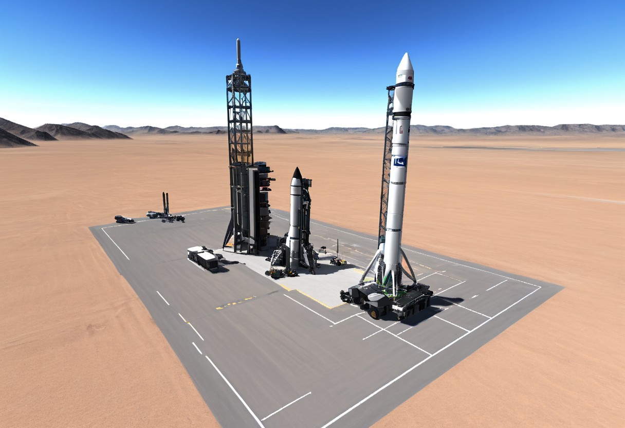 htk-kspstyle,
A launch site in a desert landscape. A tall towering launch gantry next to a large vertical rocket ready for takeoff.  Land vehicles are seen in the background. no humans,