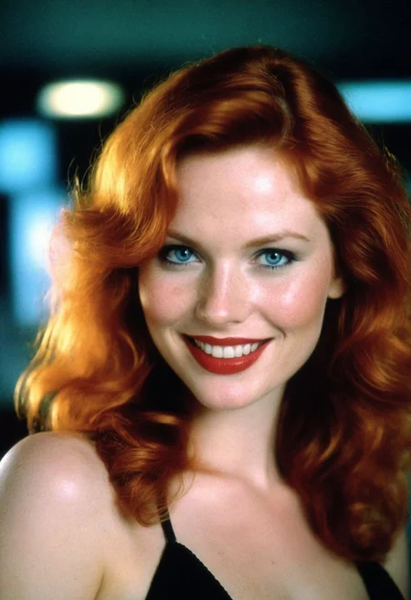 CinematicPortrait woman (analog photo) ginger (smile ) masterpiece indoors, (glossy dark lipstick), blue eyes, (neon lights office), (soft focus, depth of field, film grain), (((looking at viewer))) <lora:CinematicPortraitXL_v3:0.25> <lora:EuroBabe-v4-XL:0.35>