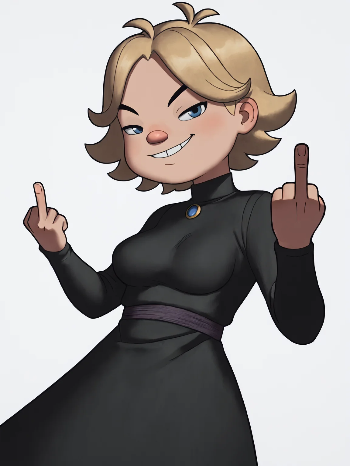 score_9, source_anime, masterpiece, high quality, white background BREAK, <lora:Margu_PDXLv0:0.8> margu, short hair, smug, (((adult:1.2, aged up:1.2, woman, long body))), black black dress, sexy figure, middle finger, medium breasts,