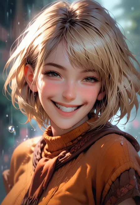 (score_9, score_8_up, score_7_up), 1 girl, portrait, ashley graham,blonde hair, asymmetrical bob cut, face, obscured, water droplets, mist, gaze, upwards, smile, contemplation, blurred background, focus, captivating face, cascading hair, mystery, depth