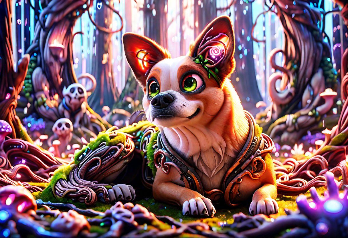 Lovely 3d dogscybernetic style Ultimate fusion of technology and allure, Cosmic Cyber Warrior. Embodying the creative genius of Jovana Rikalo, Brandon Woelfel, and Ross Tran, spectacular cosmic landscapes fraught with otherworldly conflict. Shimmering cables course beneath her translucent epidermis, connecting to powerful vertebrae that support a resplendent skull adorned with cascading neon undercut locks. Mysterious constellations twinkle ominously overhead, casting eerie shadows on the ground below. This masterpiece encapsulates the quintessential essence of science fiction, presenting a highly detailed exploration of extraterrestrial themes guaranteed to captivate audiences worldwide. . futuristic, technological, cybernetic enhancements, robotics, artificial intelligence themes,  8k picsmade of ral-mythfrst <lora:ral-mytfrst:1>