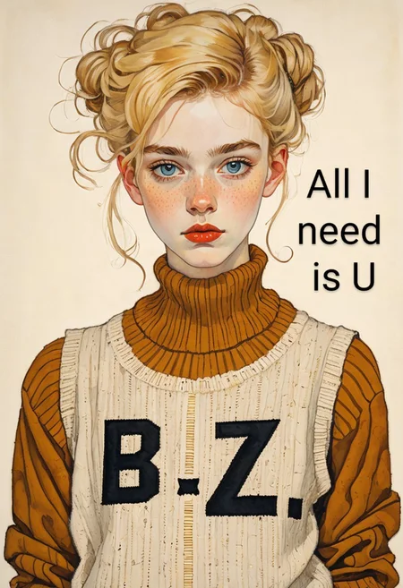 Egon Schiele, intricately drawn full body portrait, illustration, beautiful depiction of a lovely platinum blonde 19 yo woman wearing a sleeveless cropped sweater embroidered with large letters "B", "U", "Z" and "Z". The sweatshirt has "BUZZ" on it. The letters BUZZ are on her top. She has a youthful nervous face with a puzzled expression and her timeless beauty with delicate features, high cheekbones and freckles is breathtaking. Multiple large honeybees are around around her head. She has large round piercing pale blue eyes that are moody and tense, she's in love with you and smitten