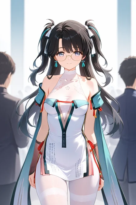 zhezhi, purple eyes, chinese clothes, outfit 1, white pantyhose, round eyewear, 1girl, long hair, black hair, glasses, twintails, dress, black footwear, breasts, looking at viewer, bangs, blue eyes, thighhighs, bare shoulders, medium breasts, closed mouth, standing, solo focus, white dress, <lora:zhezhi_ww_illus:1> alone, sexy pose, cowboy shot, seductive smile,