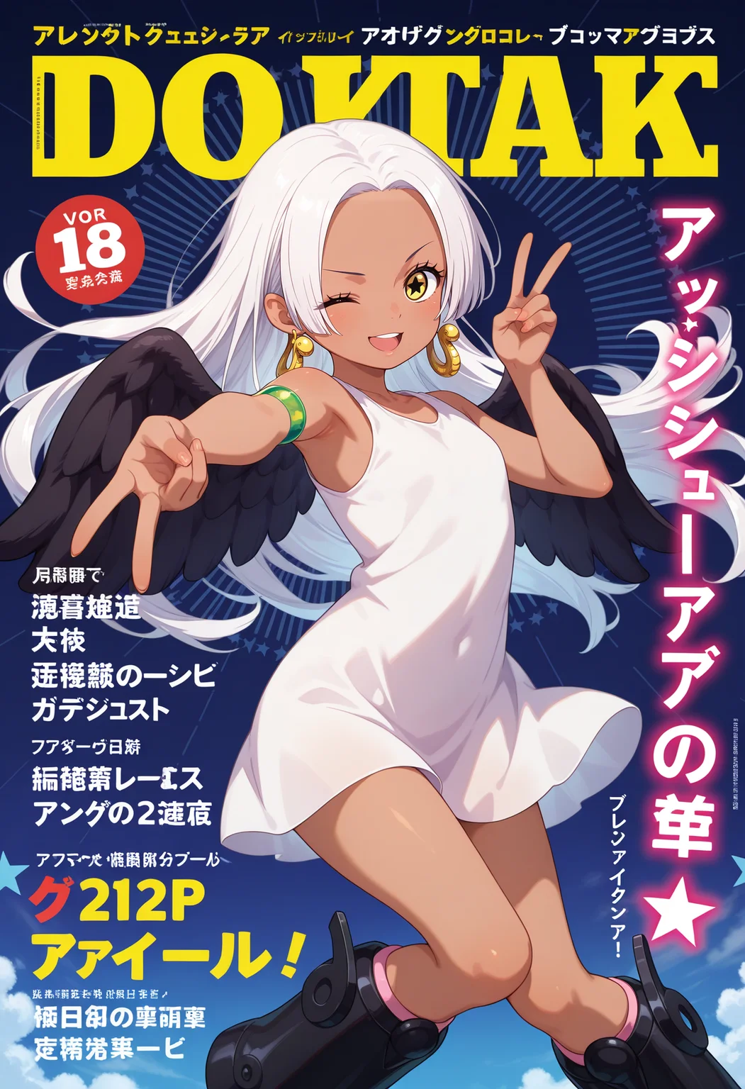 best quality, masterpiece, aass, long hair, white hair, dark-skinned female, earrings, yellow eyes, star-shaped pupils, black wings, white dress, sleeveless, armlet, knee boots, black footwear, <lora:s-snake_ilxl_v1:0.9>, peace sign, one eye closed, smile, open mouth, magazine cover,
