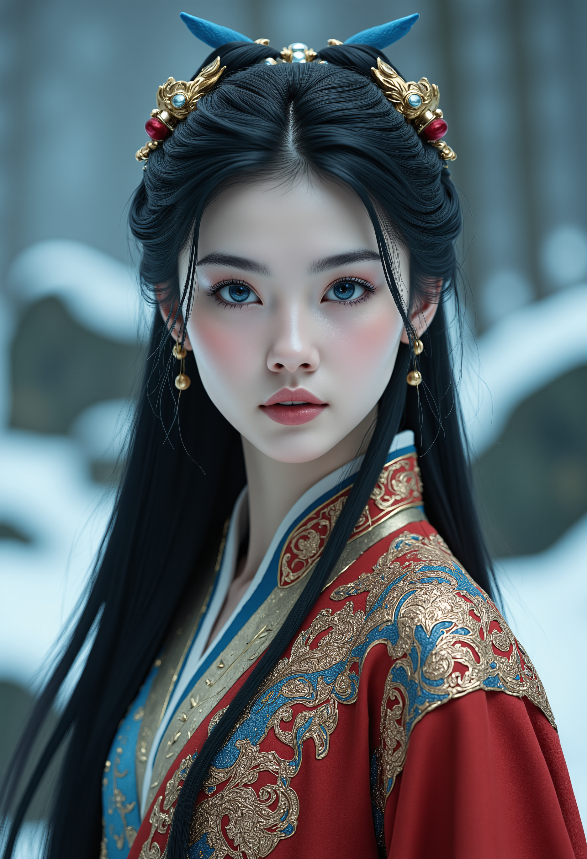 ral-ertmsphr, realistic, detailmaximizer, portrait of a young beautiful Chinese woman with pale skin and long dark hair, blue mystical make up, striking white eyes with ,  pale blue lips. She wears an ornate, traditional garment in red gold and blue with dragon-like designs on the shoulders. Set against a blurred snowy landscape with dark rocks and trees creating a serene mystical atmosphere. The style focuses on realistic textures, intricate details, and ethereal beauty, evoking a contemplative, mystical mood. highly detailed background,