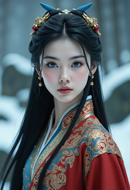 ral-ertmsphr, realistic, detailmaximizer, portrait of a young beautiful Chinese woman with pale skin and long dark hair, blue mystical make up, striking white eyes with , pale blue lips. She wears an ornate, traditional garment in red gold and blue with dragon-like designs on the shoulders. Set against a blurred snowy landscape with dark rocks and trees creating a serene mystical atmosphere. The style focuses on realistic textures, intricate details, and ethereal beauty, evoking a contemplative, mystical mood. highly detailed background,