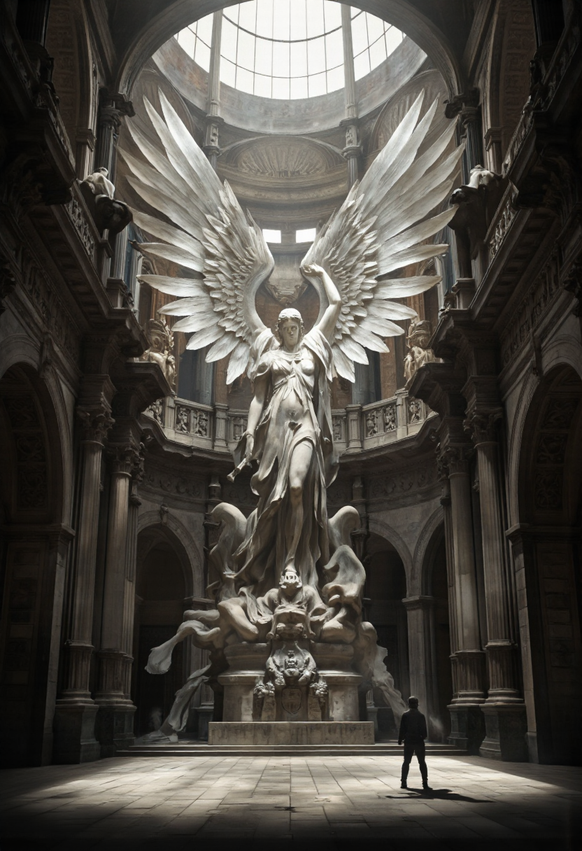 NyxBorne. A photo-realistic shoot from below about a majestic statue of an angelic figure with large wings, set inside a grand, ancient cathedral. the image also shows a dramatic, ethereal atmosphere. on the center of the image, a large, feathered angel statue stands with its wings spread wide, showcasing intricate details and a serene expression. the angel, who appears to be a male figure, is facing away from the viewer, with one arm raised and the other holding a staff. in the foreground, a single figure stands in front of the angel statue, casting a shadow on the stone floor. the cathedral has a high ceiling with a skylight above, allowing light to filter in and illuminate the scene. the walls are made of stone, with intricate carvings and columns, and the overall atmosphere is one of grandeur and awe.