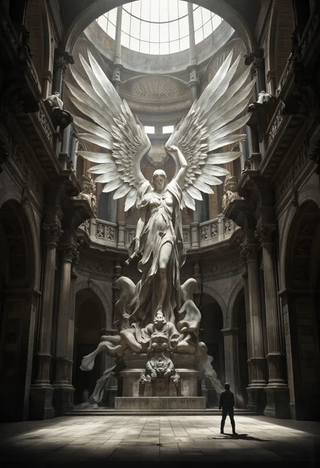 NyxBorne. A photo-realistic shoot from below about a majestic statue of an angelic figure with large wings, set inside a grand, ancient cathedral. the image also shows a dramatic, ethereal atmosphere. on the center of the image, a large, feathered angel statue stands with its wings spread wide, showcasing intricate details and a serene expression. the angel, who appears to be a male figure, is facing away from the viewer, with one arm raised and the other holding a staff. in the foreground, a single figure stands in front of the angel statue, casting a shadow on the stone floor. the cathedral has a high ceiling with a skylight above, allowing light to filter in and illuminate the scene. the walls are made of stone, with intricate carvings and columns, and the overall atmosphere is one of grandeur and awe.