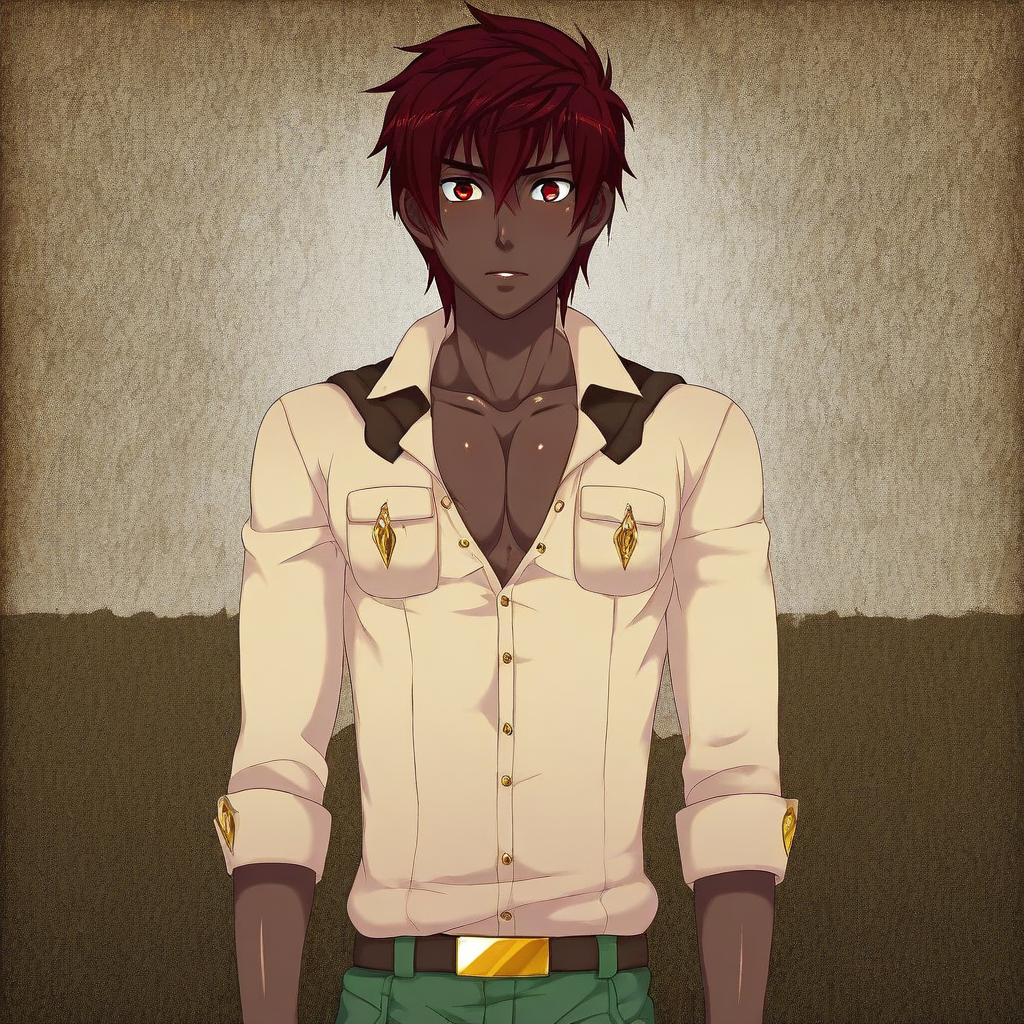 red eyes, dark-skinned boy, solo, male focus, 1boy, dark skin, red hair