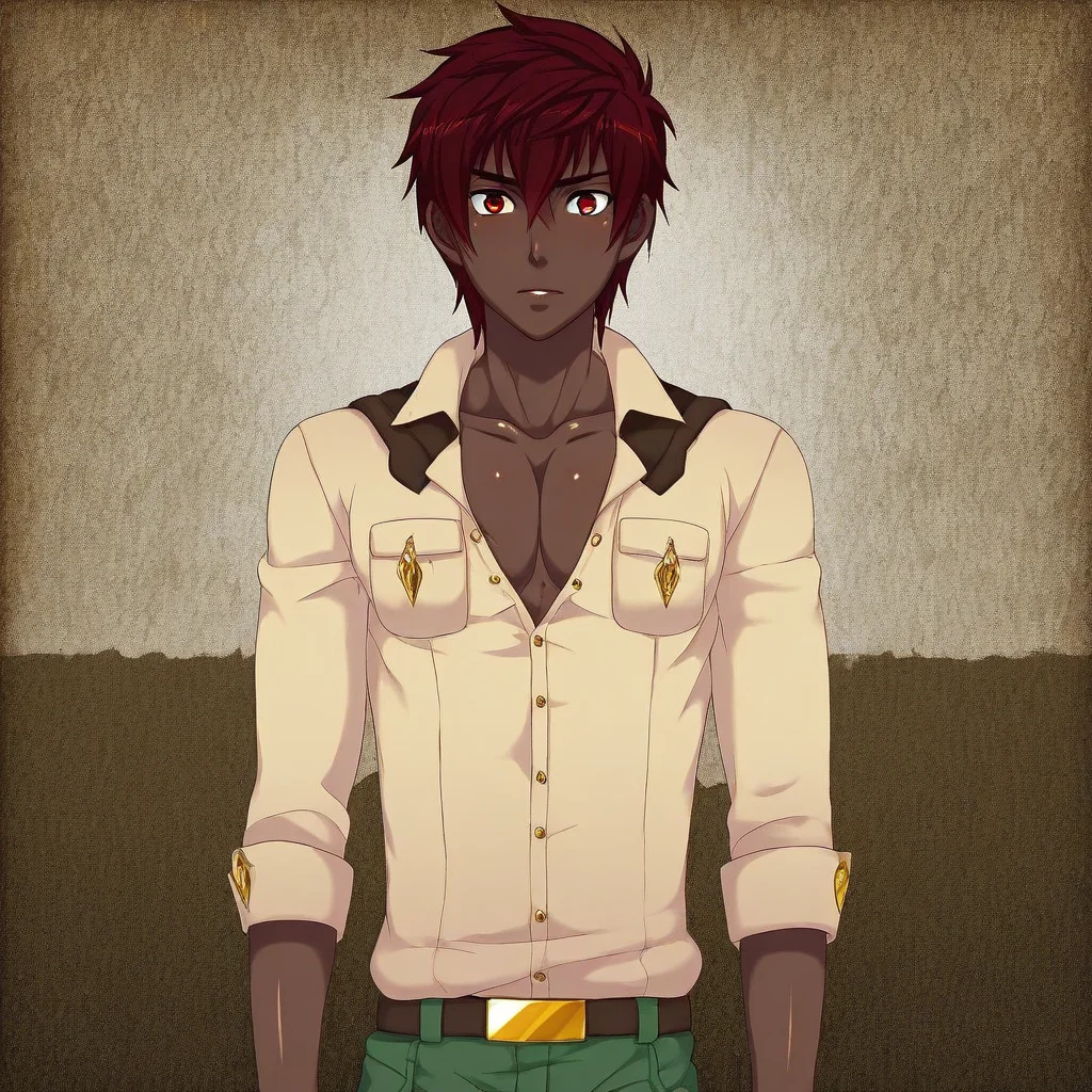 red eyes, dark-skinned boy, solo, male focus, 1boy, dark skin, red hair