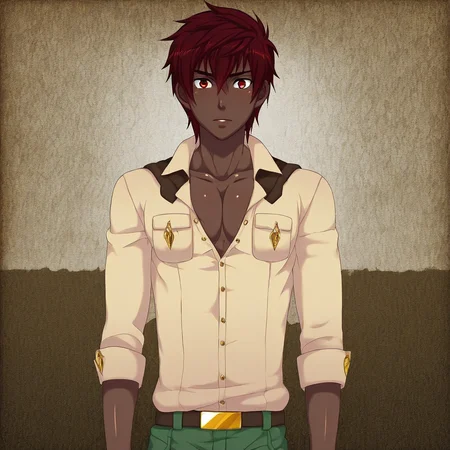 red eyes, dark-skinned boy, solo, male focus, 1boy, dark skin, red hair