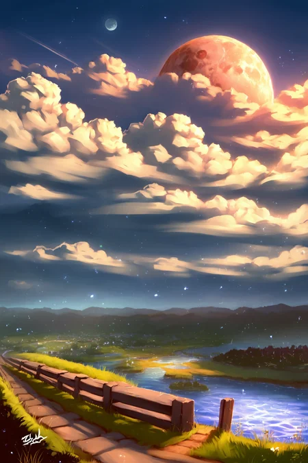 PDXL, source_anime, <lora:AlpcmasV1:1>, alpcm4s, landscape,
river, large bridge, night, night sky, moon,
volumetric reflections, volumetric shadows, HDR, shot on Canon DSLR
