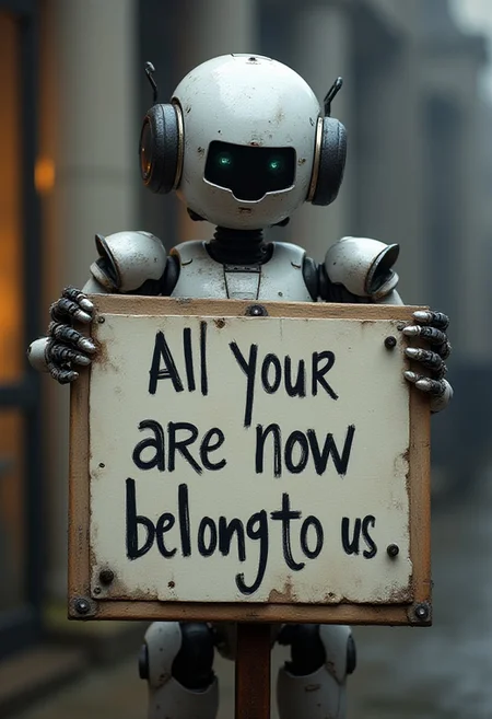 Text on a sign with a robot behind the sign, sign. Says "All your buzz are now belong to us"