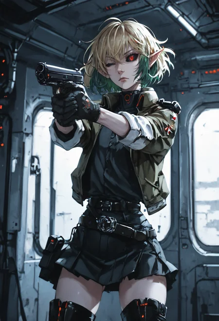 score_9, score_8_up, score_7_up, spacecraft interior,
solo, 1femboy, pointed ears, red eyes, small eyes, (black sclera), bob hair, ((blonde hair), green hair, multicolored hair), skinny,  narrow shoulders, floating hair,
cowboy shot, one eye closed, good hands, holding gun, handgun, aiming, <lora:handgun_pony_V1.0:1>,
boots, belt, military uniform, mini skirt, thigh boots, (gloves), jacket on shoulders, from below,
<lora:Expressive_H:0.3>, <lora:Xenotrip_v.2:0.3>, <lora:dino:0.4>, <lora:scanlines_v2:0.3>, <lora:TNSKs-v1.3-V6-HDponyXLv2.7-32-:0.5>, <lora:Niji-Art_Style_by_Uoh:0.8>
