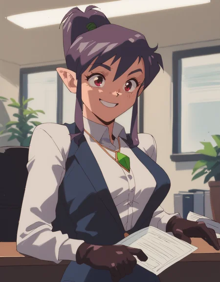 score_9, score_8_up, score_7_up <lora:pierce-ponyxl-000048:1> pircdrg, pant suit,
1girl, upper body, smile, indoors, office