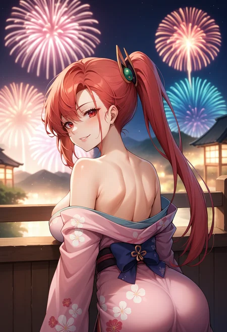 score_9,score_8_up,score_7_up BREAK 1girl,jeloaiken,solo,night,fireworks,from behind,red hair,red eyes,hair ornament,ponytail,pink kimono,floral print,off shoulder,looking back,seductive smile,<lora:Aiken-JeloXL-000008:1>,