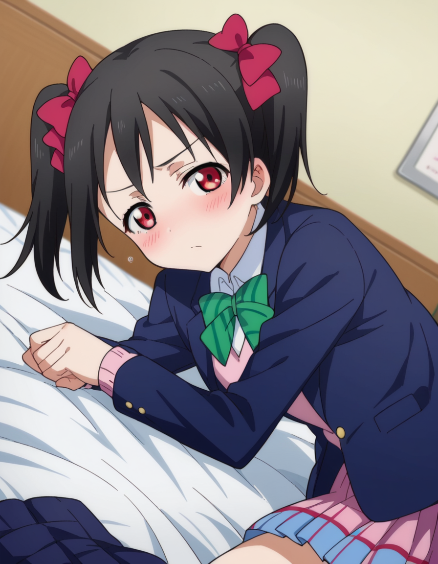 score_9, score_8_up, score_7_up, source_anime,
nikoyazawa, <lora:nico-yazawa-s1-ponyxl-lora-nochekaiser:1>,
niko yazawa, black hair, red eyes, bow, twintails, hair bow,
skirt, school uniform, jacket, blazer, winter uniform, otonokizaka school uniform,
indoors, bed, bed room, on side, blush, drunk,
looking at viewer, cowboy shot, dutch angle,