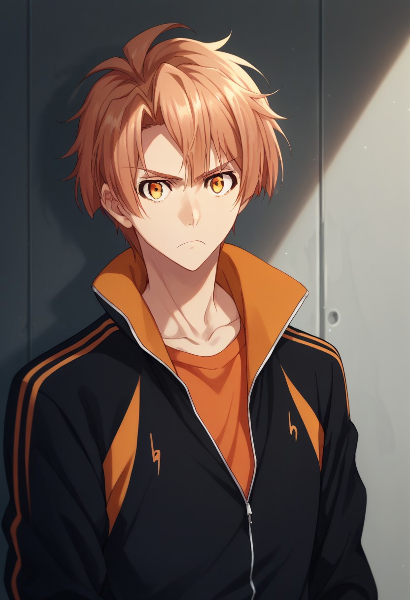 score_9, score_8_up, score_7_up, source_anime, highly detailed, 
mitsuki, 1boy, male focus,  solo, jacket track suit, orange shirt, looking at viewer, orange eyes, yellow eyes, track jacket orange hair, upper body, frown, annoyed,
indoor,