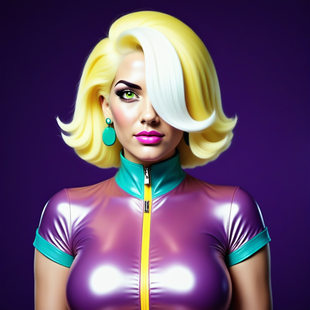 docblight, doctorblight, doctblight, upper body shot of a female character, vibrant blonde hair with a white streak, voluminous hairstyle with hair over one eye, green eyes, pink lips, black eyebrows, turquoise earrings, shiny skin-tight pink jumpsuit with short sleeves, turquoise collar, long vibrant yellow zipper, retro-futuristic style, confident look, dark soft purple background