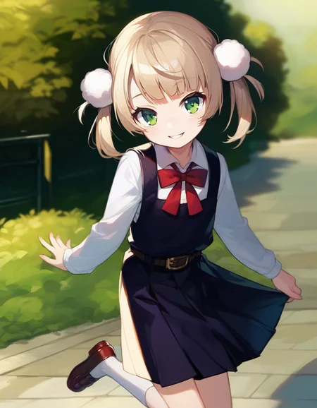 score_9,score_8_up,score_7_up,score_6_up BREAK official art,solo,outdoors,looking at viewer,facing viewer,smile,aged down,child,shigure ui (vtuber),short hair,light brown hair,twintails,pom pom hair ornament,hair intakes,bangs,green eyes,school uniform,red bow,collared shirt,white shirt,long sleeves,belt,black dress,sleeveless dress,pleated dress,pinafore dress,flat chest,kneehighs,white socks,black footwear,uwabaki,<lora:Shigure Ui(vtuber)-Pony:1.4>,<lora:Smooth Anime Style LoRA XL:0.8>,