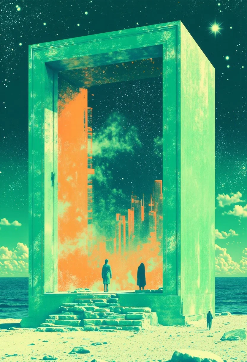 gritty graphic illustration, Art by Alexey Egoro,SentinelBot, A Clean bay , A robot standing in the beach ,sunset Blue and faint gold neon-mist, Gravity manipulation,
(Makoto Shinkai:1.4), A green color door made of marble , stairs from ocean to the door, detailed embroided frame , floating in middle of sky ,huge ocean with stars beneath the door, green and blue and orange, door opening to show a huge pink crystal spires towering in sky with large , desolate