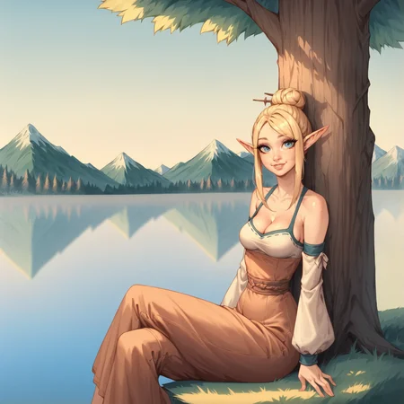 1boy,score_9,score_8_up,score_7_up,score_6_up,score_5_up,1girl, solo, cute,oblivionarts, mature female slim elf sitting next to tree, small breasts, small waist, thin hips, cleavage, leaning against tree, close up, smiling, looking at viewer, detached sleeves, freckels, blonde hair, side bangs, hair strands over face, blue eyes, fit, single hair bun, mountain, long ears, lake,
<lora:Oblivion:1.4>