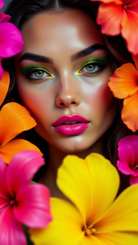 A close-up of a supermodel surrounded by tropical flowers in bold shades of fuchsia, orange, and yellow. Her makeup matches the vibrancy of the flowers with neon pink lips and lime green eyeliner. Her skin has a dewy finish, as if glowing under the tropical sun,<lora:BetterPortraits:0.7>, jedjv1, <lora:JedJourney_epoch_7:0.3>