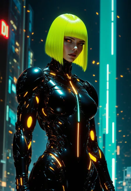 highly detailed cinematic photo, Image is a digital artwork featuring a futuristic, cyberpunk theme. The central subject is a woman with striking neon yellow hair styled in a sleek bob, wearing a high-tech, form-fitting black armored suit lit with neon lights. Her skin is pale, and her expression is serious, with piercing eyes. The suit is detailed with various mechanical components and glowing elements, particularly around the chest and waist. In the background, a dark but neon-lit cityscape is visible, with tall buildings and bright, vertical lights in shades of blue and green, adding depth to the scene. The overall composition is dynamic, with a focus on the central figure, and the color palette is dominated by vibrant colors and contrasting cool tones from the city lights.. Embers float in the air, creating a mystical and intense atmosphere