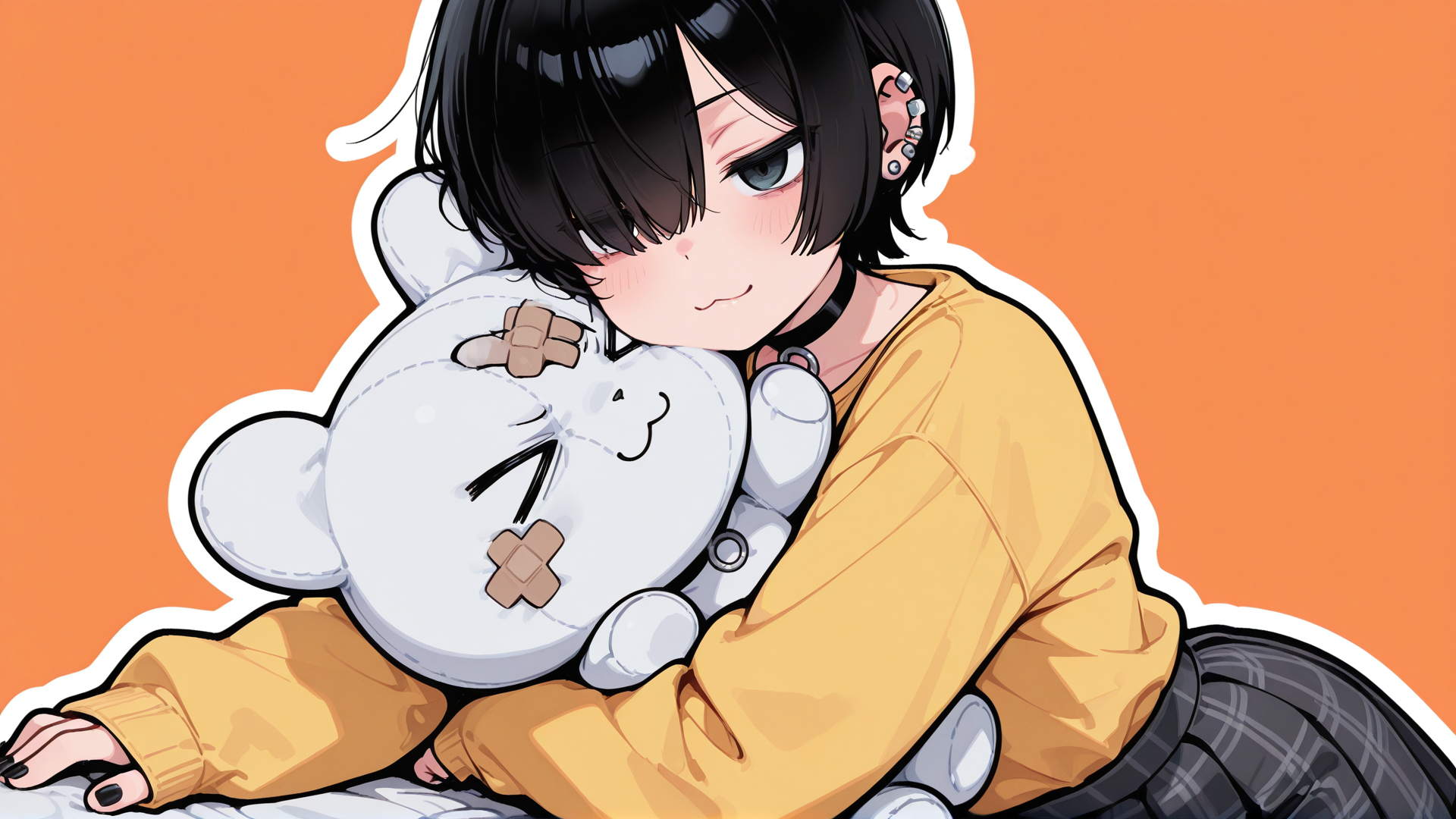 masterpiece, best quality, amazing quality, 
1girl, solo, >.<, piercing, black hair, black nails, yellow shirt, plushie, gauze, hair over eye, hugging, plaid clothes, skirt, sleeves past wrists, short hair, stuffed toy, choker, :3, simple orange background, white outlines
 <lora:kaibashira__Illustrious:1>
