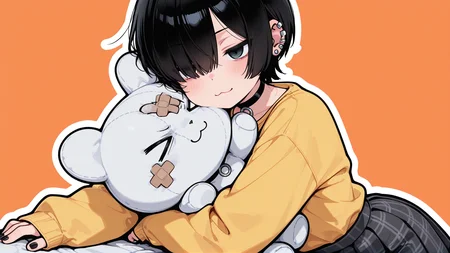 masterpiece, best quality, amazing quality, 
1girl, solo, >.<, piercing, black hair, black nails, yellow shirt, plushie, gauze, hair over eye, hugging, plaid clothes, skirt, sleeves past wrists, short hair, stuffed toy, choker, :3, simple orange background, white outlines
 <lora:kaibashira__Illustrious:1>