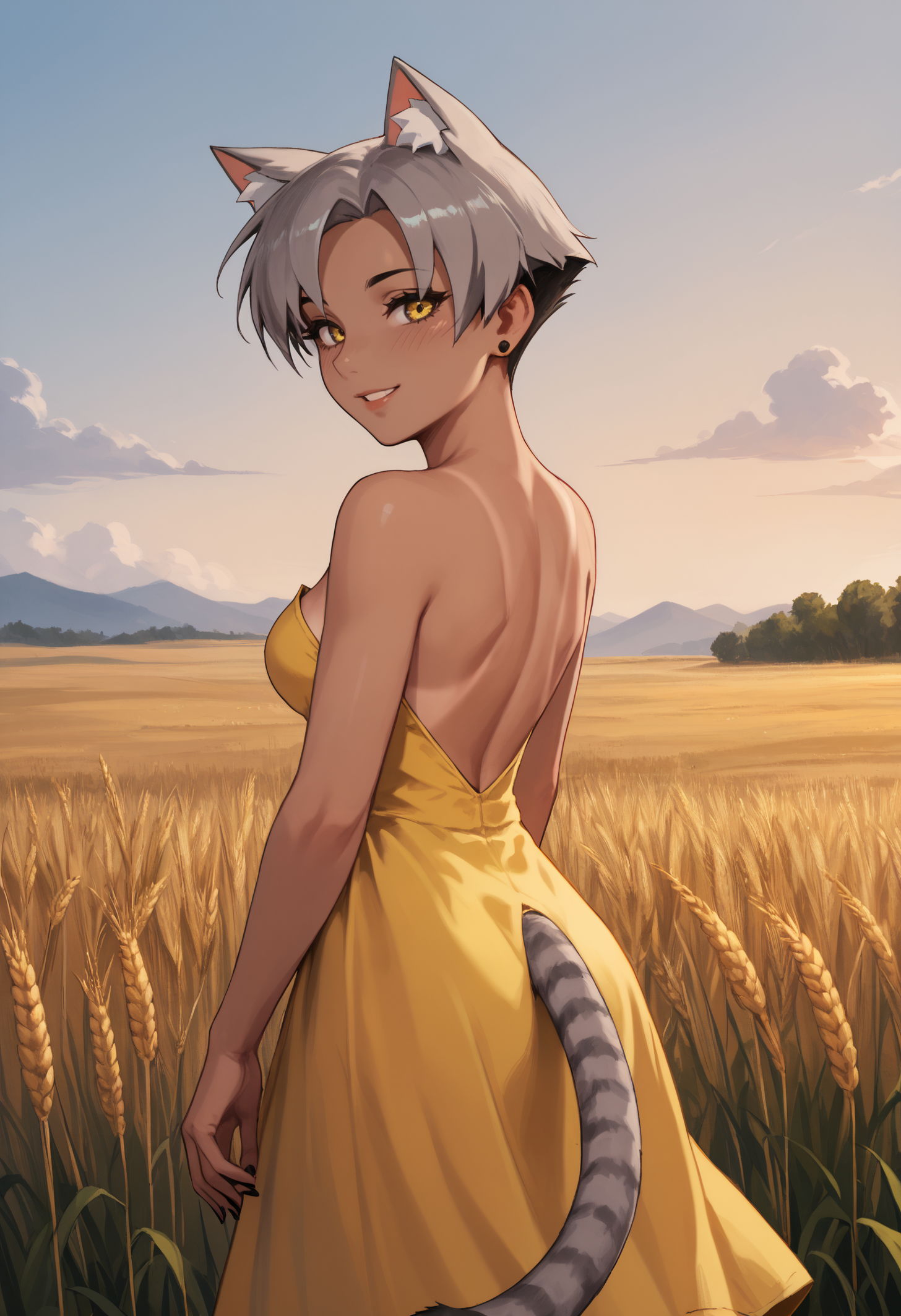 score_9, score_8_up, score_7_up, 1girl, KaraVert, dark-skinned female, animal ears, striped tail, grey tail, yellow eyes, grey hair, short hair, stud earrings, black nails, medium breasts, toned,
yellow sundress, backless dress, strapless, one-piece tanlines, 
looking at viewer, smile, blush, parted lips, looking back, back, 
outdoors, wheat field, sunset,
<lora:Kara-VertigrisPDXL_V1-Manityro-CAME:1.0>,