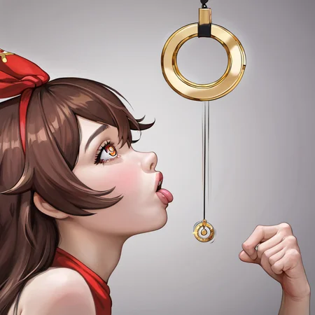 Amber (genshin impact) hypnotized by pendulum, begging to be bred, score_9, 1girl, Amber, Genshin Impact, bimbo, big boobs, bubble butt, brown hair, <lora:StS-Pendulum-Hypnosis-Coin-SDXL-Test-4-UNET-Only:1>, hypnosis, looking at pendulum, photorealistic,