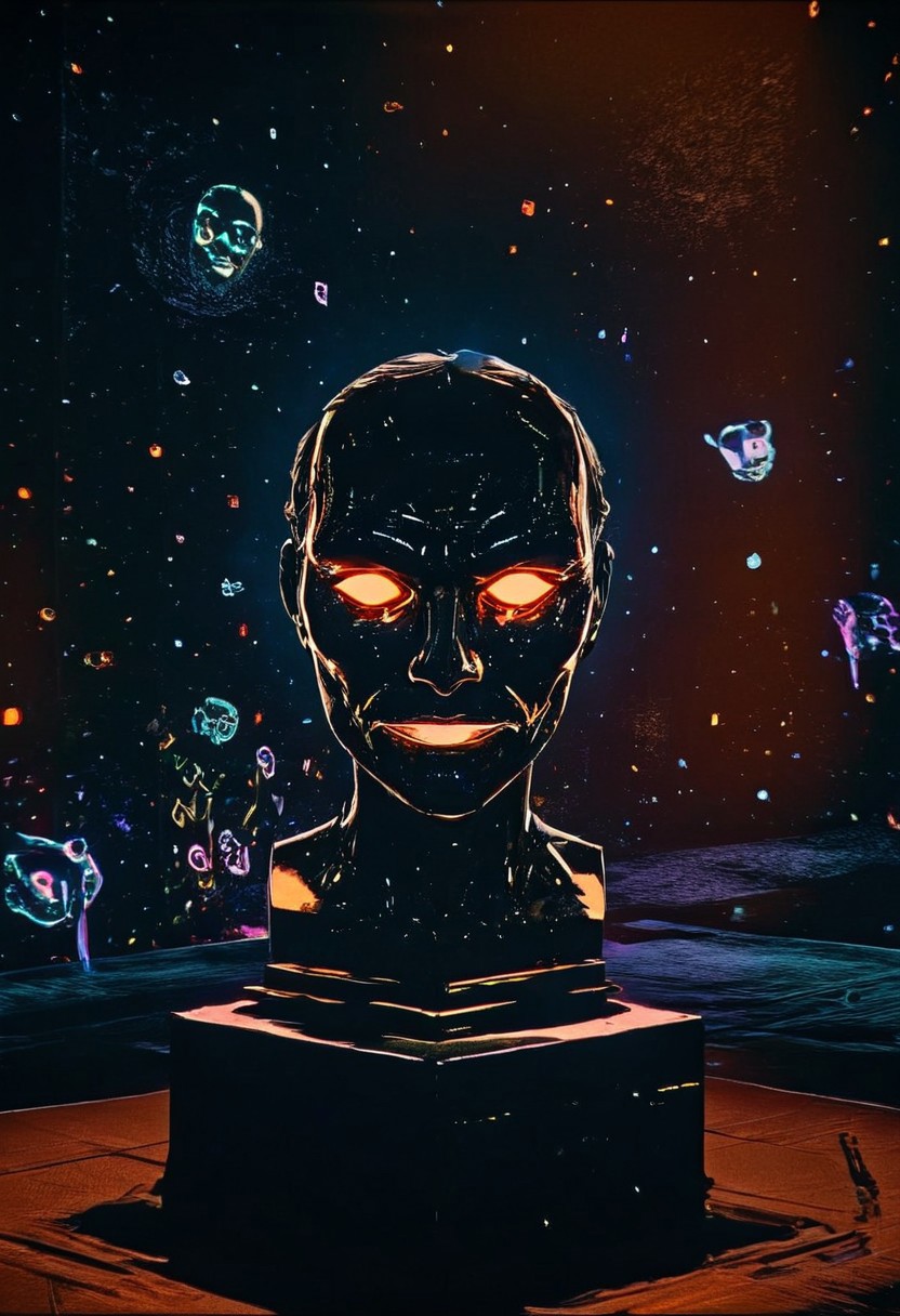 darkcomic, a glowing humanoid mask, resting on a brightly lit pedestal surrounded by floating holographic symbols