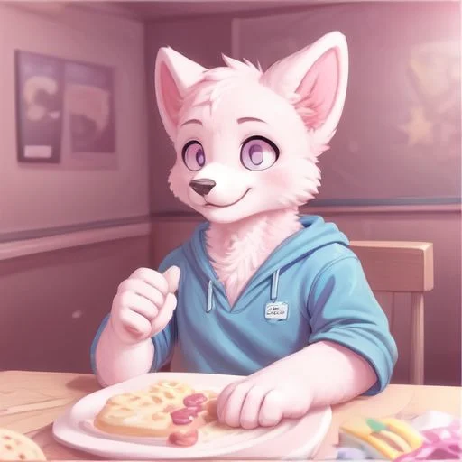 ((((((pink_fur 2.8)))))), ((((((pink_fur 2.8)))))), ((((((pink_fur 2.8)))))), <(PINK_FUR 4.4)>, <(very good proportions 2.8)>, ((((((pink_fur 2.8)))))), (((((blue_eyes 2.8))))), (black ear tips 2.8), a male furry fox with femboy aesthetic, pink markings, black ear tips, ((((((blue eyes)))))), (wearing a purple hoodie with stars), (((cute pose))), he has short male boy hair, (highly detailed eyes 2.8), (paws for hands 1.2), ((adult)), ((mature)), (((grown up))), ((correct eyes)), ((detailed iris)), vulpine, lively eyes, dreamy, smile, happy, high detail background, depth of field, school background, candy background, bakery background,