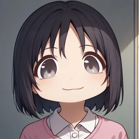 score_9, score_8_up, score_7_up, source_anime, solo, 1girl, shinonome nano, black hair, mutsukiface, chibi, portrait, smile, closed mouth, silver eyes, white button up shirt, pink sweater,