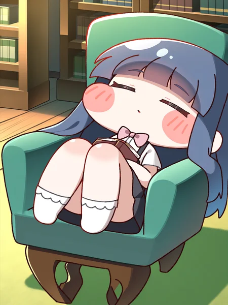 trickcalcg, ((chibi, blush stickers, blush)), higurashi no naku koro ni, furude rika, 1girl, blue hair, blunt bangs, book, bookshelf, bow, bowtie, chair, closed eyes, collared shirt, holding, holding book, indoors, long hair, lying, on back, shirt, skirt, sleeping, socks, solo, suspender skirt, suspenders, 
(masterpiece, best quality, absurdres, highres, newest:1.2), very awa, 