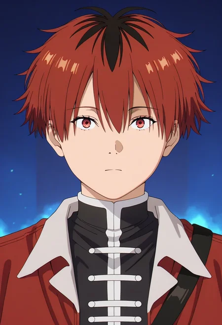 masterpiece, best quality, , semi-realistic, looking at viewer, , 1boy, solo, male focus, <lora:stark_sousou_no_frieren_ilxl:0.92>, stark_sousou_no_frieren, red hair, red eyes, short hair, bangs, hair between eyes, multicolored hair, two-tone hair, black hair, ,