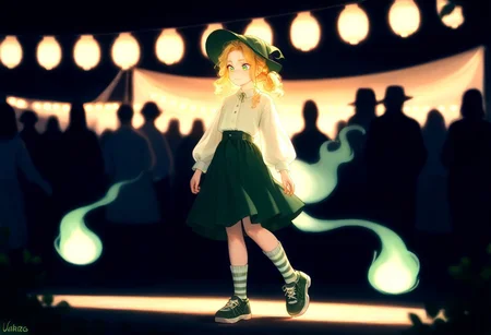 soft light, perfect anatomy , sharp focus, ((Depth of field)) deep depth, (Ultra detailed), best quality, intricate lighting, (absurd resolution), high resolution, intricate details, volumetric lighting, green hat, yellow hair, flowing detailed hair, innocent eyes, white panty hose, green skirt, green shoulder straps , white thick inner shirt, green striped socks, green shoes, small hat, twin tail hair, natural cloths, wild like girl, Fun Spirit, Fine Details, ,Fun Spirit, Fine Details,, s4ish0,, curious excitement , (white center tones), (green inner tones), (festival)