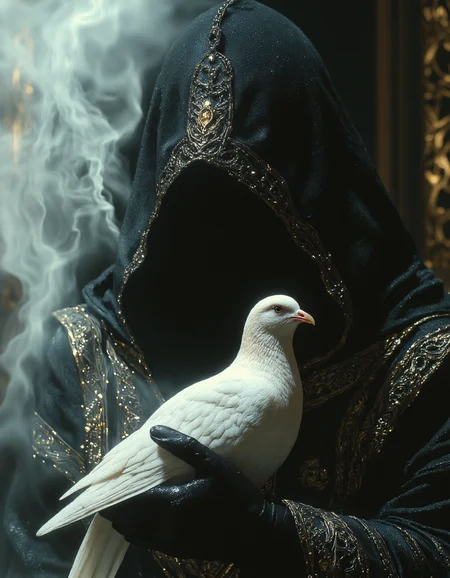 portrait close u of A hooded figure, cloaked in a dark, ornate robe, stands amidst a misty, ethereal landscape. A big white dove rests gently on their gloved hand, its head turned towards the figure's face. The figure's identity is obscured by shadow, but their presence exudes a sense of mystery and power. The overall atmosphere is one of quiet contemplation and a connection between the human and the divine, aidmaMJ6.1, <lora:aidmaMJ6.1v0.4:0.6>, <lora:dark_fantasy_flux:0.4>, <lora:Dark Cinematic:0.8>, <lora:flux.1_lora_flyway_Epic-detail_v2:0.7>, <lora:FantasyWizardWitchesFluxV2-000001:0.9>