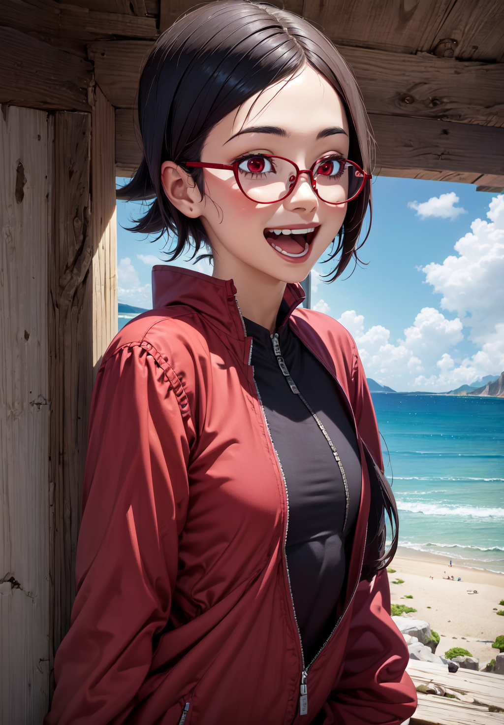 (Digital Artwork:1.3), 1girl, sfw, <lora:uchiha_sarada:0.8>, uchiha_sarada, 1girl, solo,, light skin, quarter turn,1/4 body pose, upper body view, eyes focus, looking at the viewer, (happy, excited, open mouth:1.3), red eyes, clear glasses, petite body, in early twenties, petite breasts, traning outfit, dramatic cliffs overlooking the ocean, (masterpiece, best quality, absurdres, detailed, ultra-detailed:1.3), gorgeous, (trending on CGSociety, trending on pixiv, contest winner:1.3)