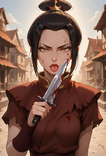 score_9, score_8_up, score_7_up, easynegative, realistic style, symphtia-style, dim lighting, detailed face, 1girl, lips, azula1, yellow eyes, single hair bun, topknot, lips, lipstick, short hair, medium perky breast, sidelocks, bare collarbones, ((torn clothes: 1.2)), brown baggy clothes, (upper body focus), (focus on breast), ((holding knife)), outside, in a town square,
KN1F3L1CKV1,, licking_weapon, licking_blade,, bust, upper_body, holding_knife, knife, holding_weapon, tongue_out, saliva, saliva_trail, blood on knife, blood on face,