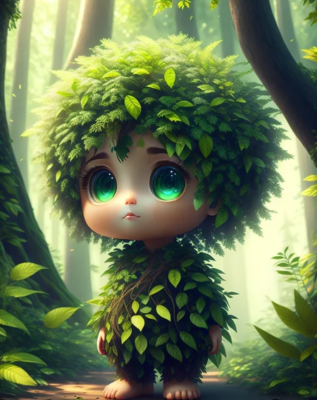 Imagine a human with leaves growing out of their body, as if they are becoming one with the forest. Their limbs and torso are covered in lush greenery, and their hair is made of branches and leaves. The setting is a dense, misty forest, and the overall feeling is one of harmony and connection with nature, perfect eyes, perfect face, cute big circular reflective eyes, Pixar render, unreal engine cinematic smooth, intricate detail