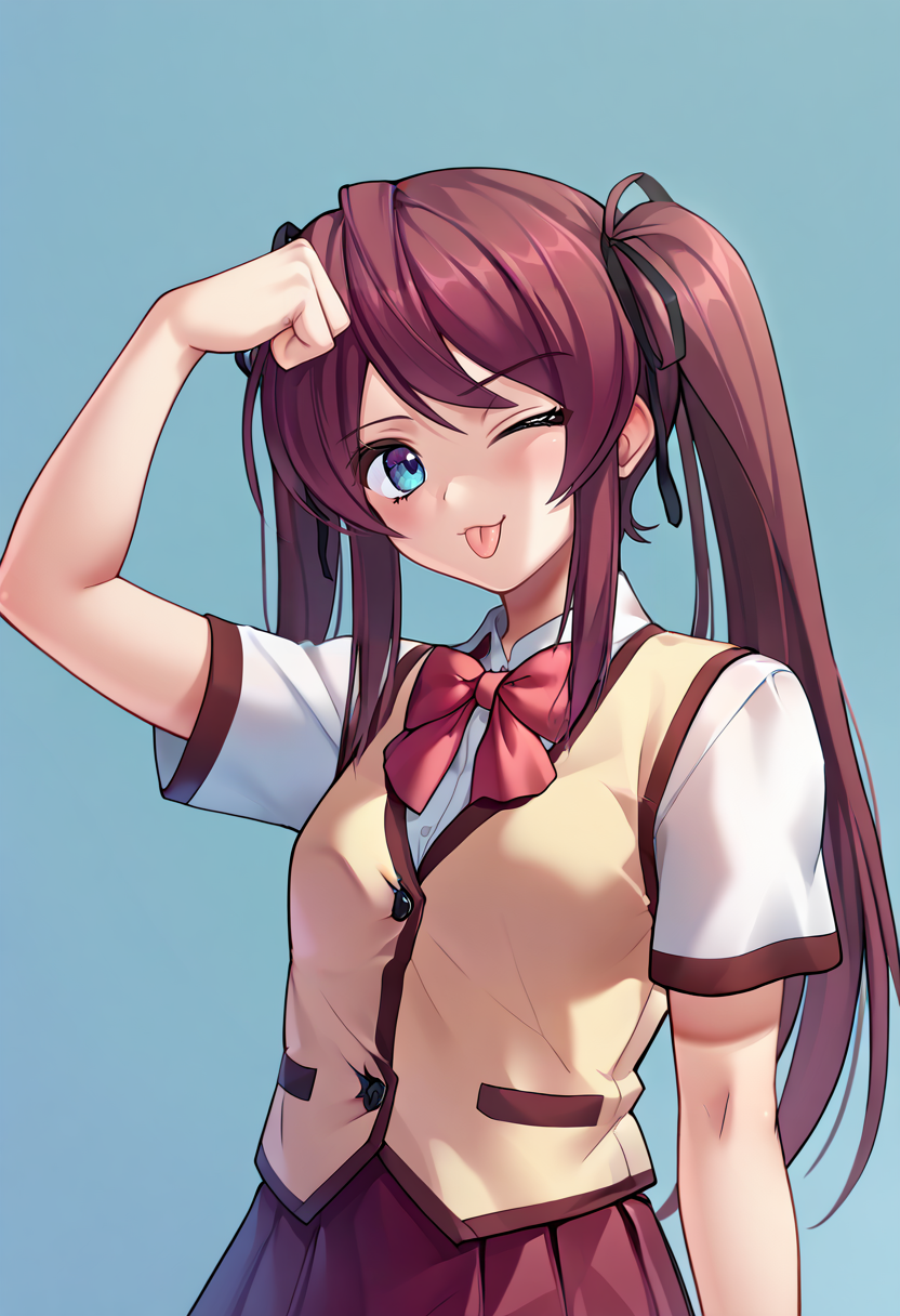 score_9,score_7_up,(source_anime),zPDXL2,bedroom BREAK
ar1sa,1girl,solo,long hair,looking at viewer,blue eyes,(red hair),twintails<lora:arisa:0.8>skirt,bow,school uniform,hair ribbon,pleated skirt,vest,white thighhighs,zettai ryouiki,short sleeves<lora:Tehepero_pdxl_Incrs_v1:1>tongue out,hand up,clenched hand,hand on own head,one eye closed,:p,;P,upper body,cowboy shot,dutch angle,