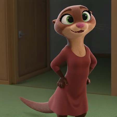 <lora:otterton_illustrious:0.7>, 1girl, solo, wearing red dress, mrs. otterton, otter, tail, brown fur, green eyes, fang, animal ears, hands on hips, indoors, (masterpiece), (best quality), (ultra-detailed), amazing quality, very aesthetic, illustration, perfect composition, intricate details, absurdres, incredibly absurdres, 3d. 3d model, detailed fur,